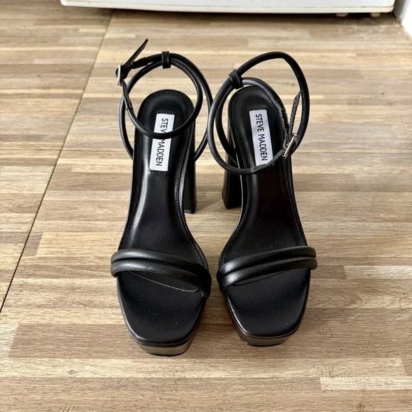 Steve Madden LOFTY Black Leather Platform Block Heels, women’s size 6 - Picture 2 of 8